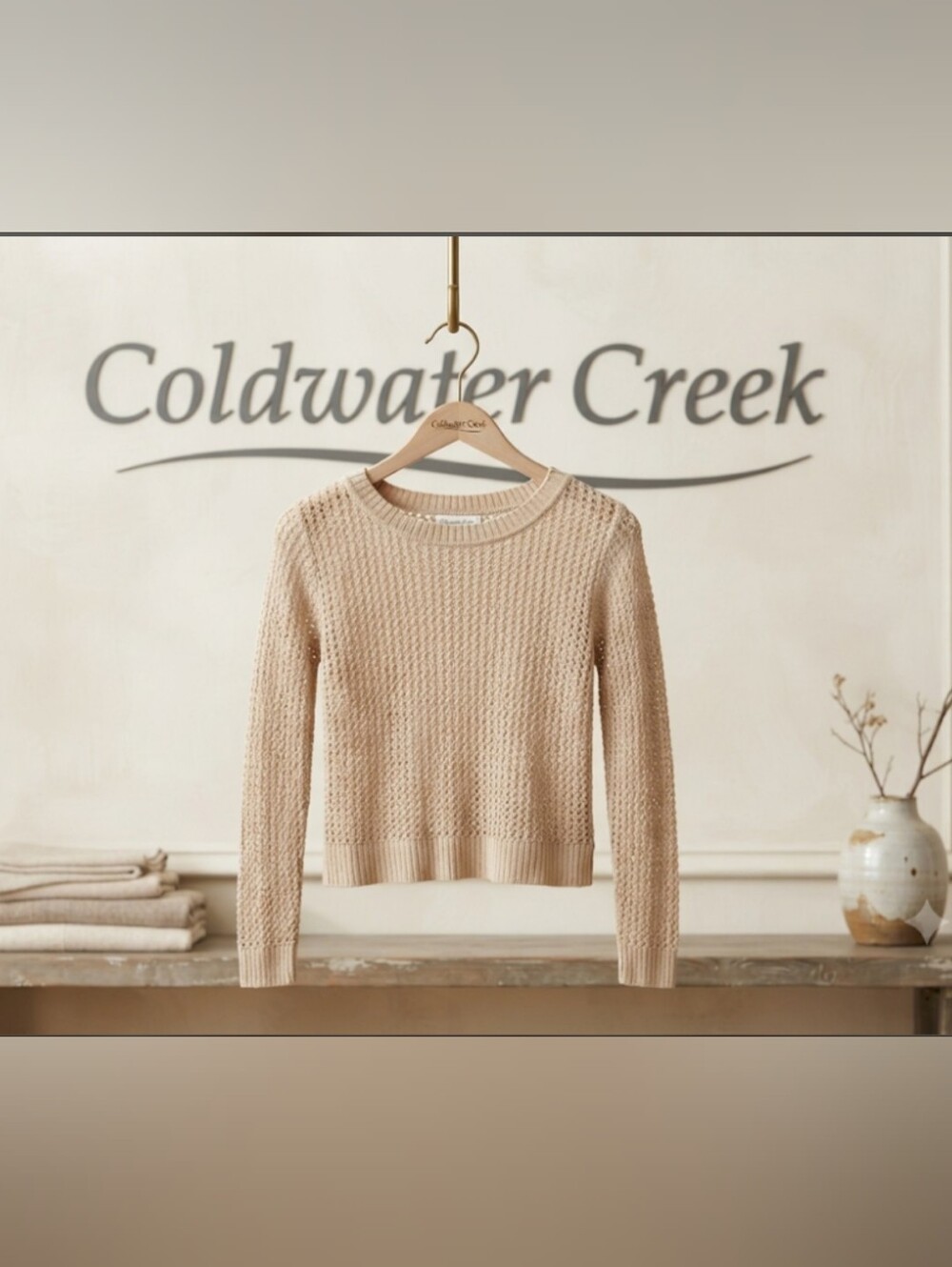 NWOT Coldwater Creek Light Beige Open-Weave Crewneck Sweater Size L